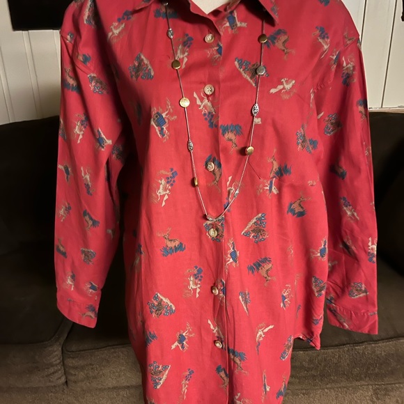 Kyoto Kasuals • Vtg • Large • New • Red • Blouse • Deer/ Bird/ Owl Design - Picture 8 of 15